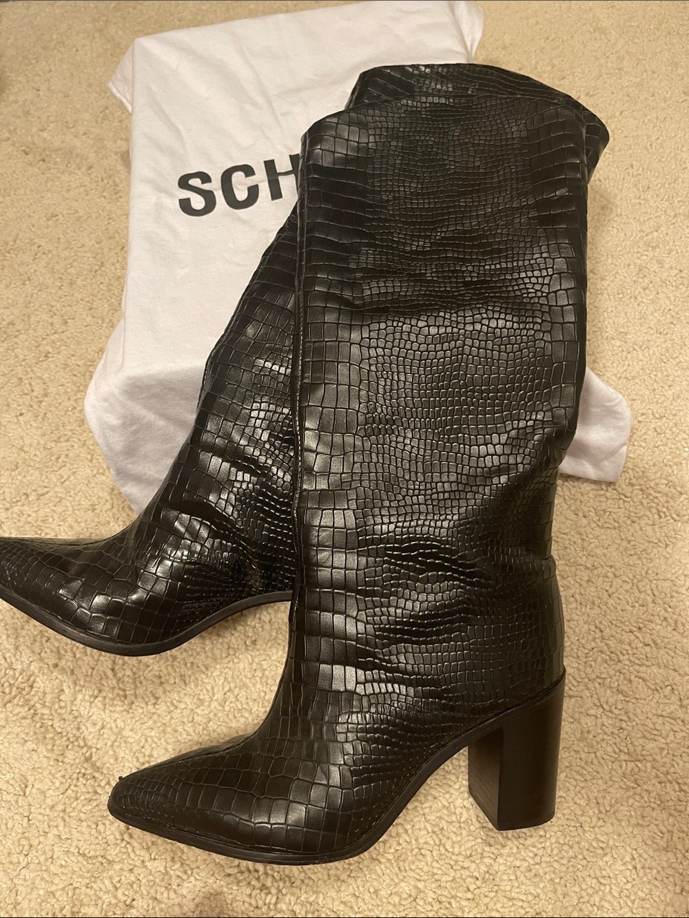 SCHUTZ Maryana Black Croc-Embossed Block Heel Boots